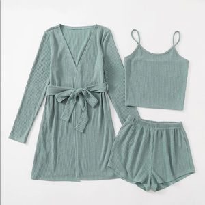 SHEIN 3 piece Rib-knit Belted Robe set in Teal